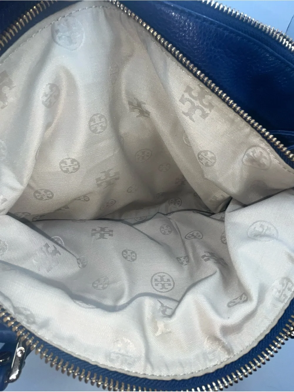 Tory Burch Navy Blue Pebbled Leather Satchel with Logo Medallion